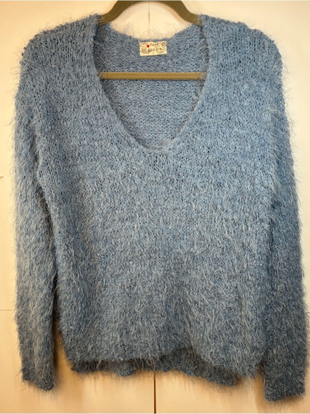 Poof Apparel Blue Fuzzy Eyelash Knit Sweater V-Neck HighLow Hem Side Slit Large